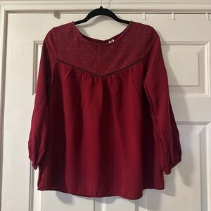 Old Navy Embroidered-Yoke Blouse Maroon Burgundy 3/4 Sleeve Women's Size Medium